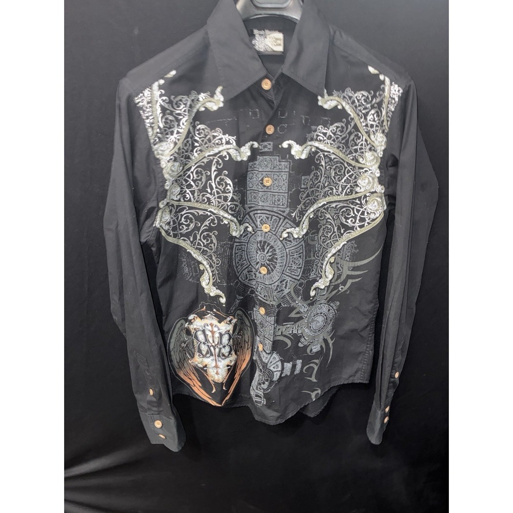 Brad Butter Shirt Men M Black Graphic Button Front Y2K Biker Scroll Crest